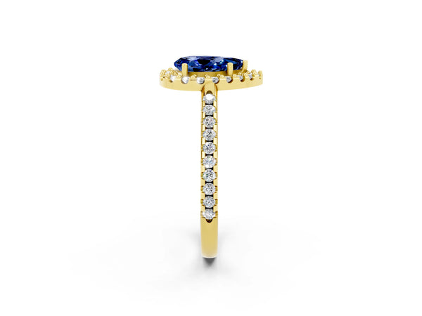 Yellow gold Pear Cut Blue Sapphire Pavé Halo Ring with Four-Prong Setting