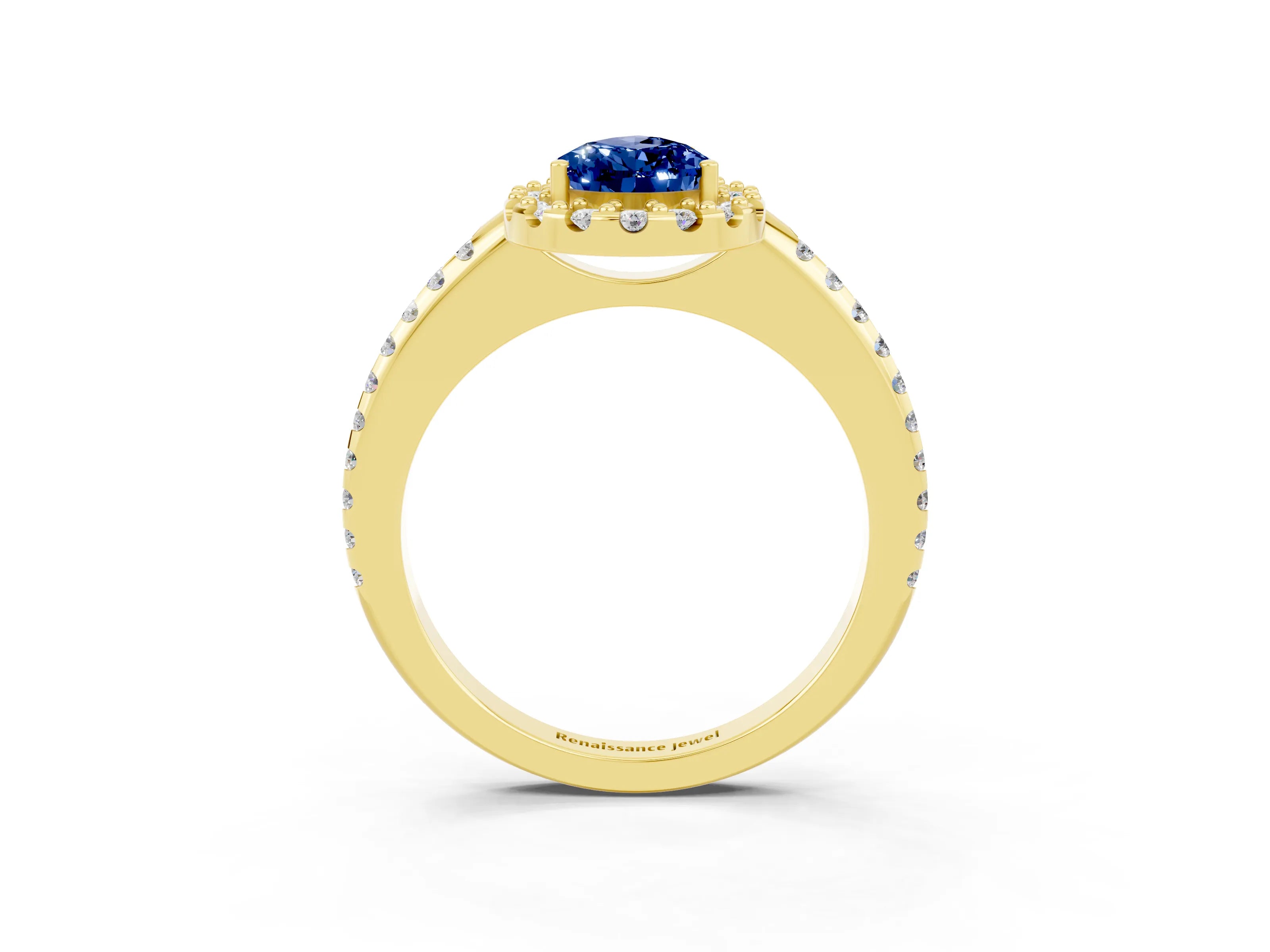 Yellow gold Pear Cut Blue Sapphire Pavé Halo Ring with Four-Prong Setting_15