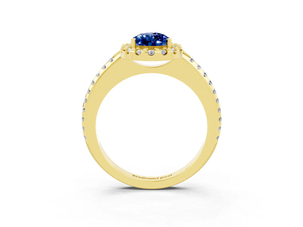 Yellow gold Pear Cut Blue Sapphire Pavé Halo Ring with Four-Prong Setting