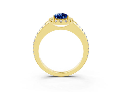 Yellow gold Pear Cut Blue Sapphire Pavé Halo Ring with Four-Prong Setting_15
