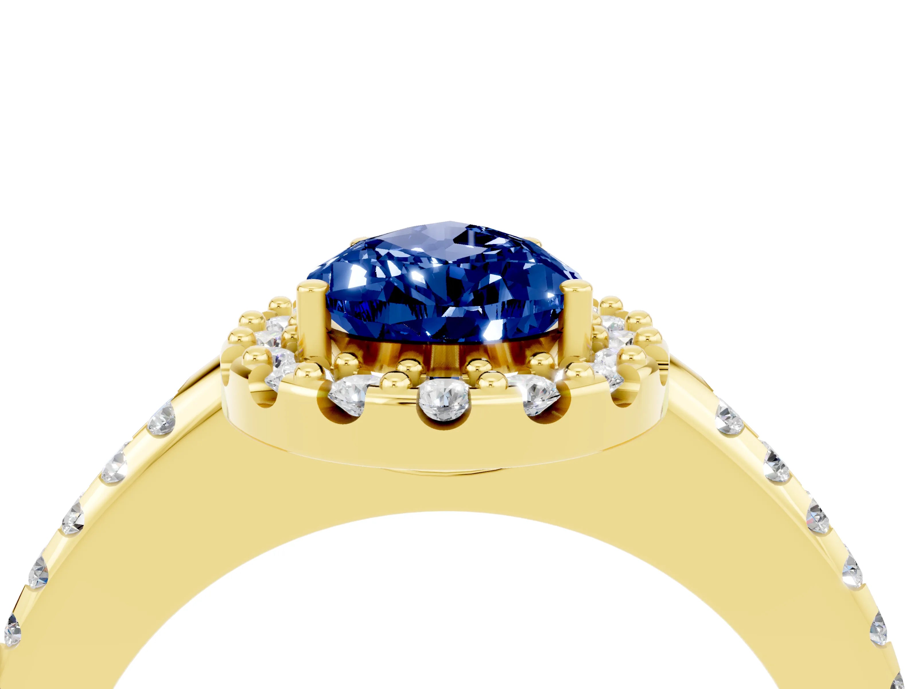 Yellow gold Pear Cut Blue Sapphire Pavé Halo Ring with Four-Prong Setting_16