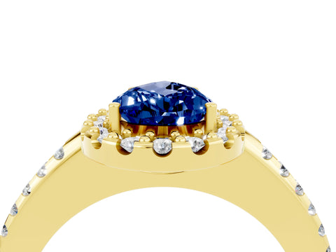 Yellow gold Pear Cut Blue Sapphire Pavé Halo Ring with Four-Prong Setting_16