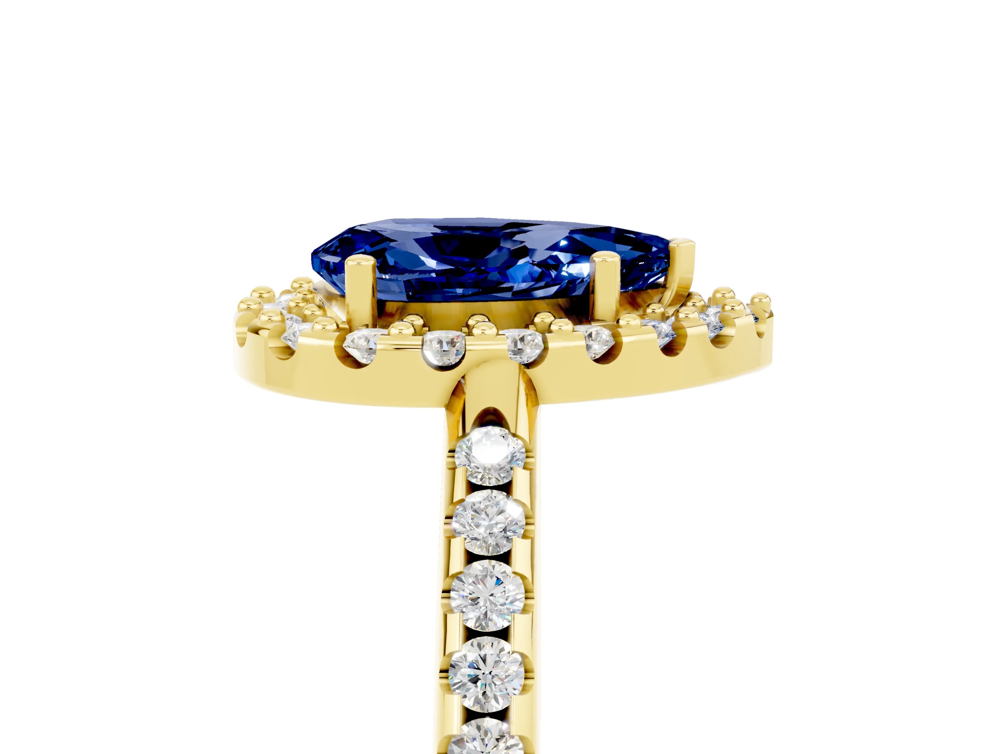Yellow gold Pear Cut Blue Sapphire Pavé Halo Ring with Four-Prong Setting_17