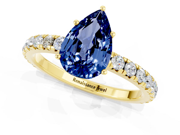 Yellow gold Pear Cut Blue Sapphire Pavé Solitaire Engagement Ring with Four-Prong Setting
