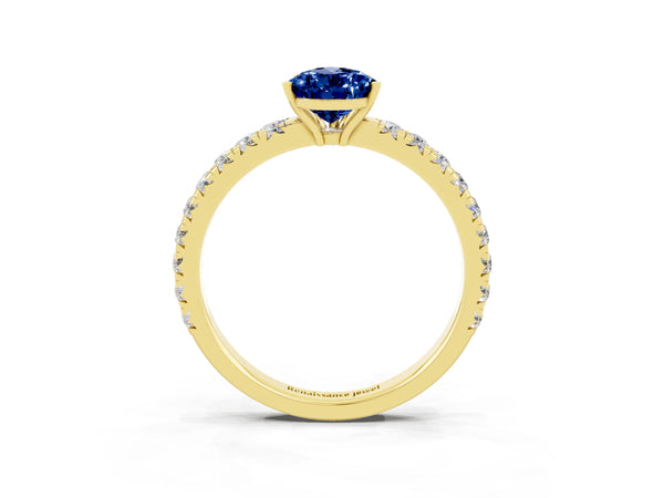 Yellow gold Pear Cut Blue Sapphire Pavé Solitaire Engagement Ring with Four-Prong Setting