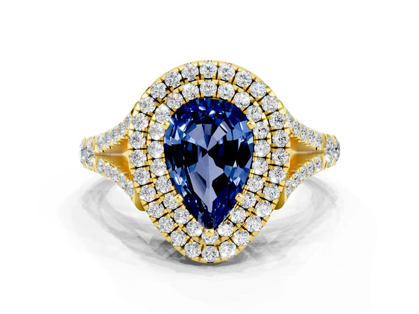 Yellow gold Pear Cut Blue Sapphire Pavé Split Shank Double Halo Engagement Ring