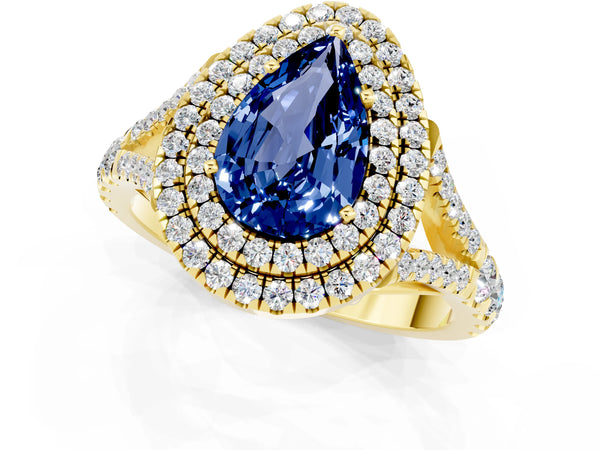 Yellow gold Pear Cut Blue Sapphire Pavé Split Shank Double Halo Engagement Ring