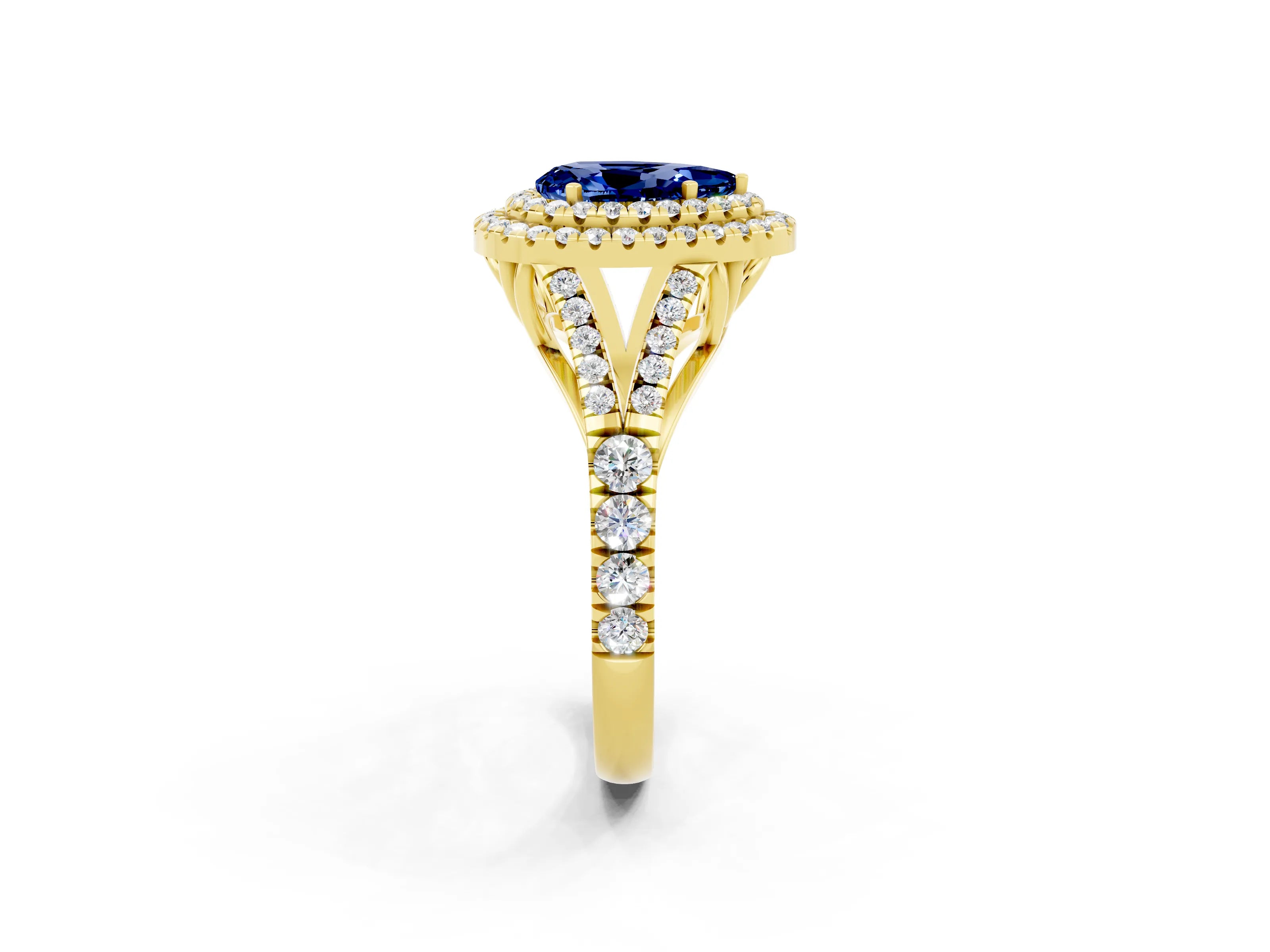 Yellow gold Pear Cut Blue Sapphire Pavé Split Shank Double Halo Engagement Ring_2
