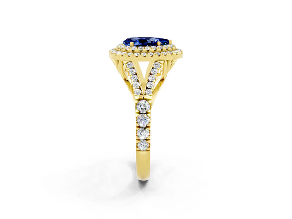 Yellow gold Pear Cut Blue Sapphire Pavé Split Shank Double Halo Engagement Ring