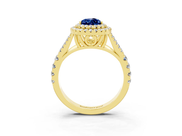 Yellow gold Pear Cut Blue Sapphire Pavé Split Shank Double Halo Engagement Ring