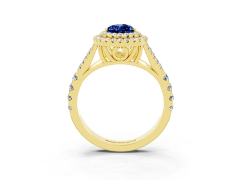 Yellow gold Pear Cut Blue Sapphire Pavé Split Shank Double Halo Engagement Ring_3