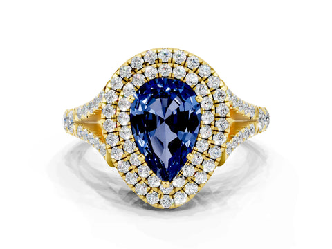 Yellow gold Pear Cut Blue Sapphire Pavé Split Shank Double Halo Engagement Ring