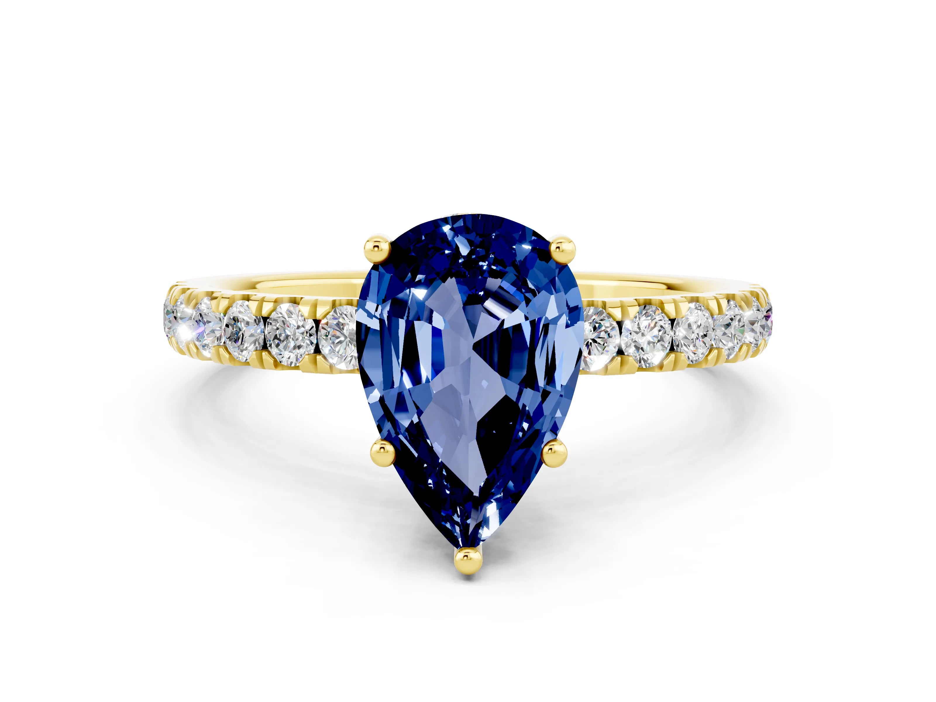 Yellow gold Pear Cut Blue Sapphire Pave Band Solitaire Ring with Four-Prong Setting_24