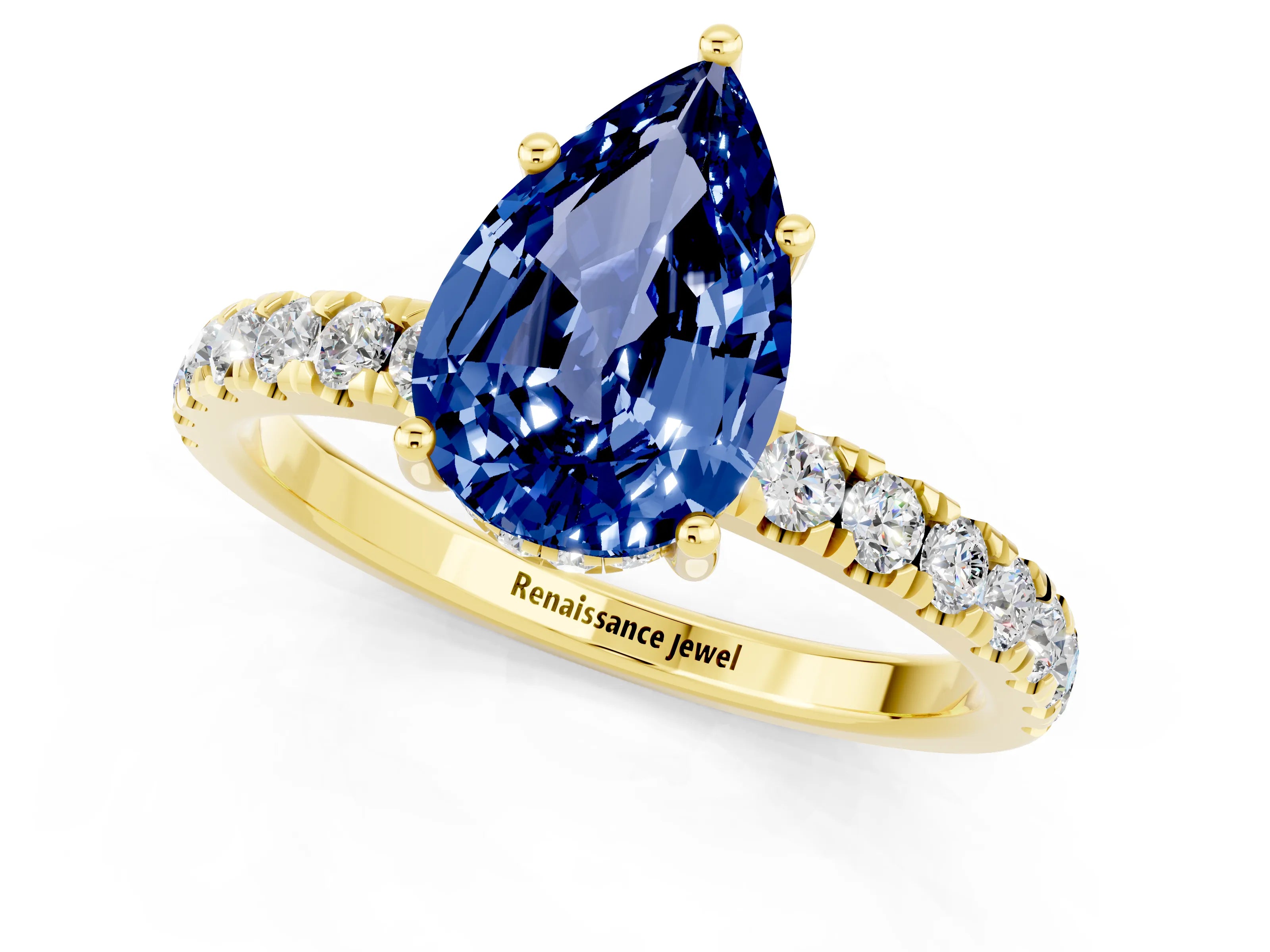 Yellow gold Pear Cut Blue Sapphire Pave Band Solitaire Ring with Four-Prong Setting_25