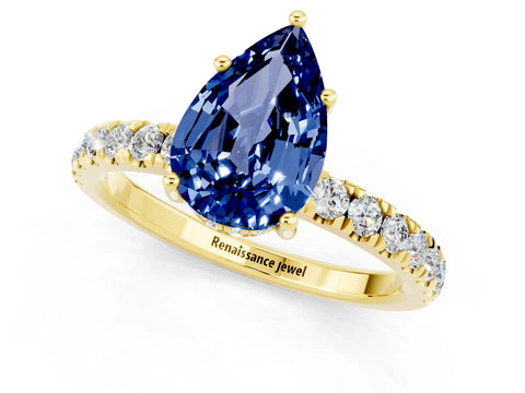 Yellow gold Pear Cut Blue Sapphire Pave Band Solitaire Ring with Four-Prong Setting_25