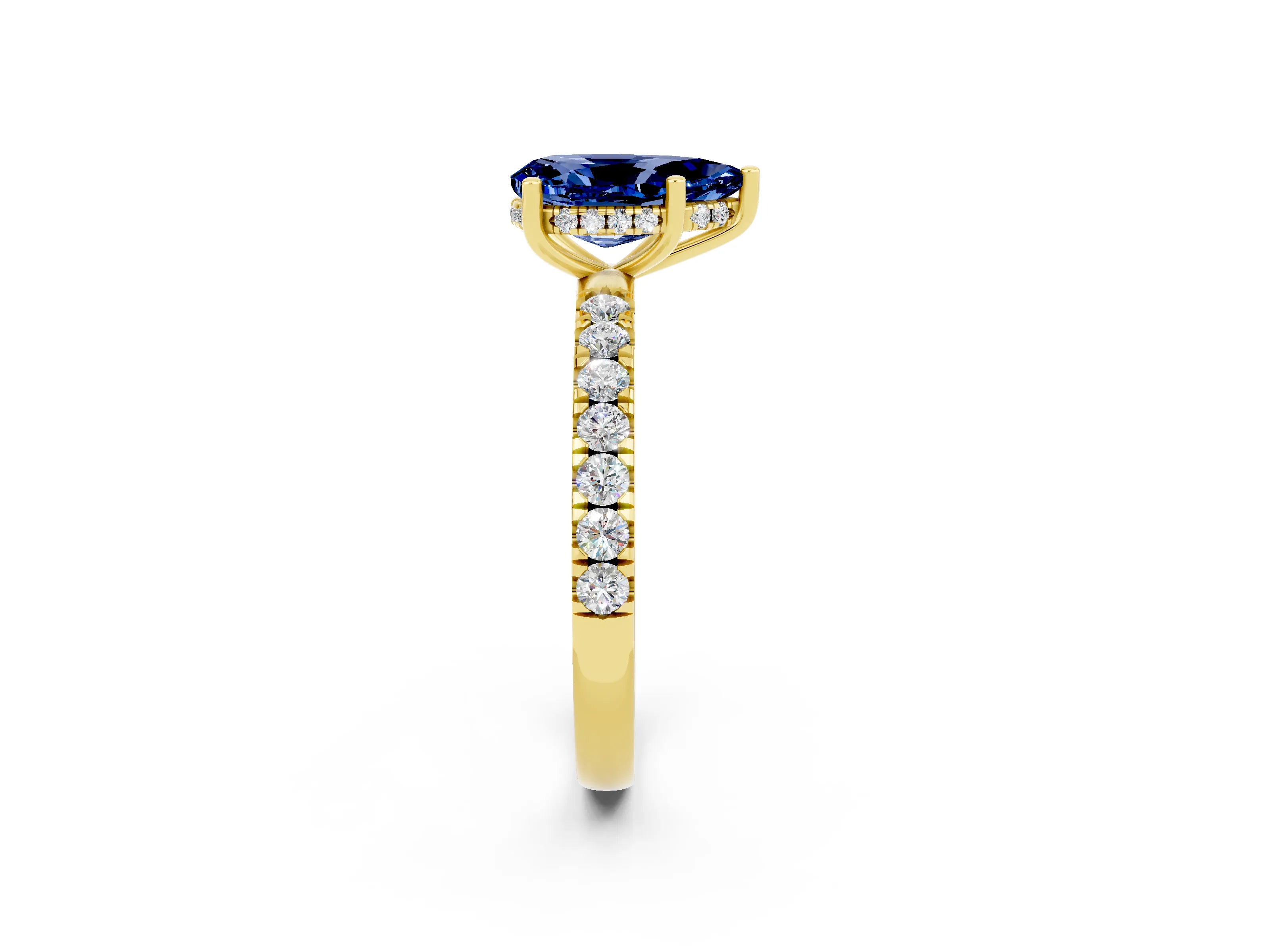 Yellow gold Pear Cut Blue Sapphire Pave Band Solitaire Ring with Four-Prong Setting_26