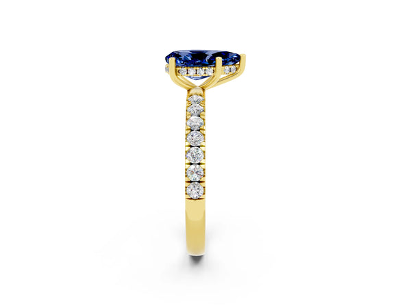 Yellow gold Pear Cut Blue Sapphire Pave Band Solitaire Ring with Round  and Prong Setting