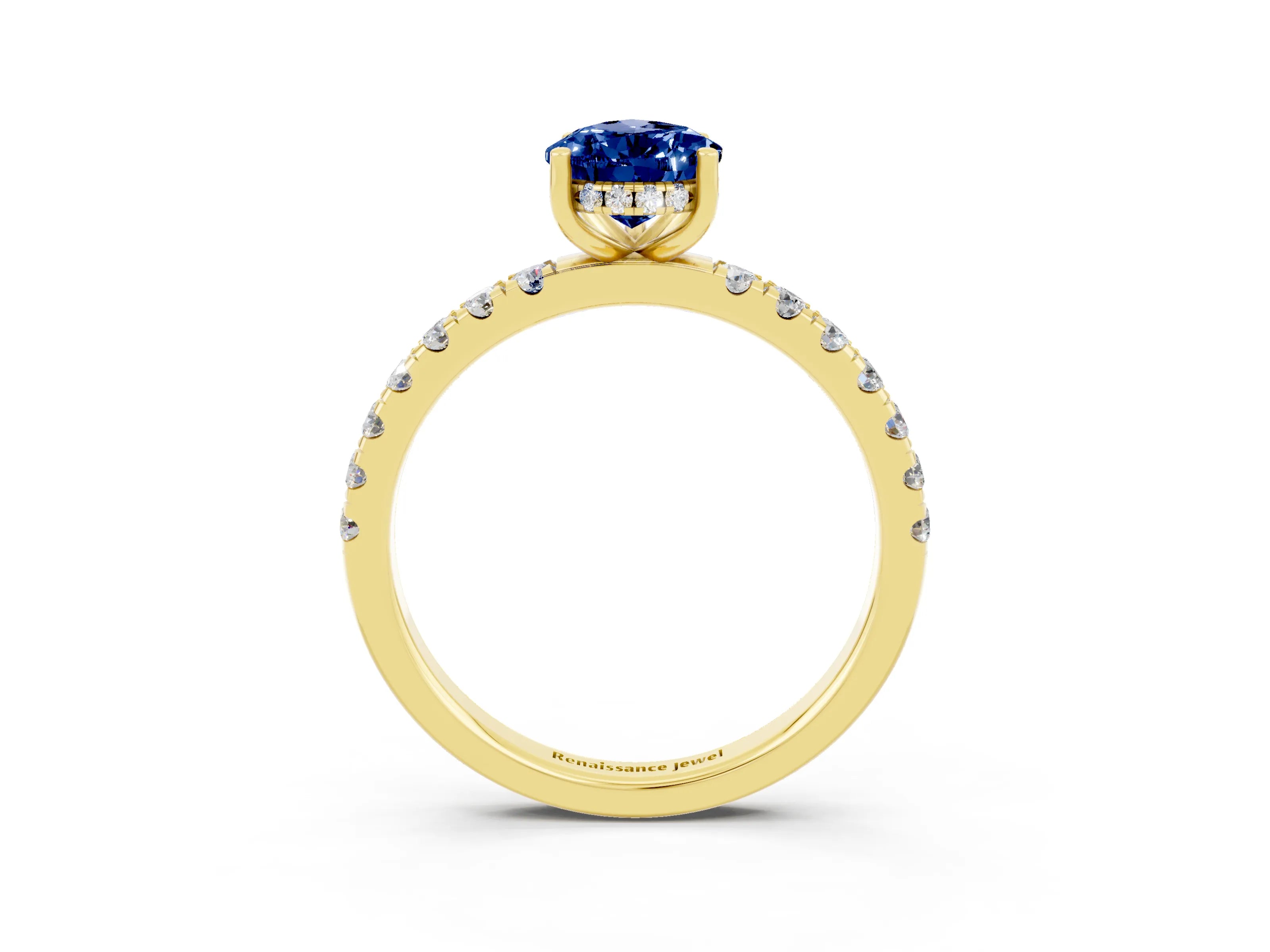 Yellow gold Pear Cut Blue Sapphire Pave Band Solitaire Ring with Four-Prong Setting_27
