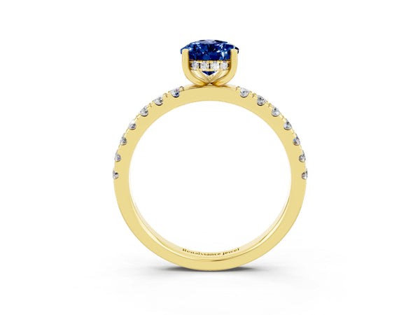 Yellow gold Pear Cut Blue Sapphire Pave Band Solitaire Ring with Round  and Prong Setting