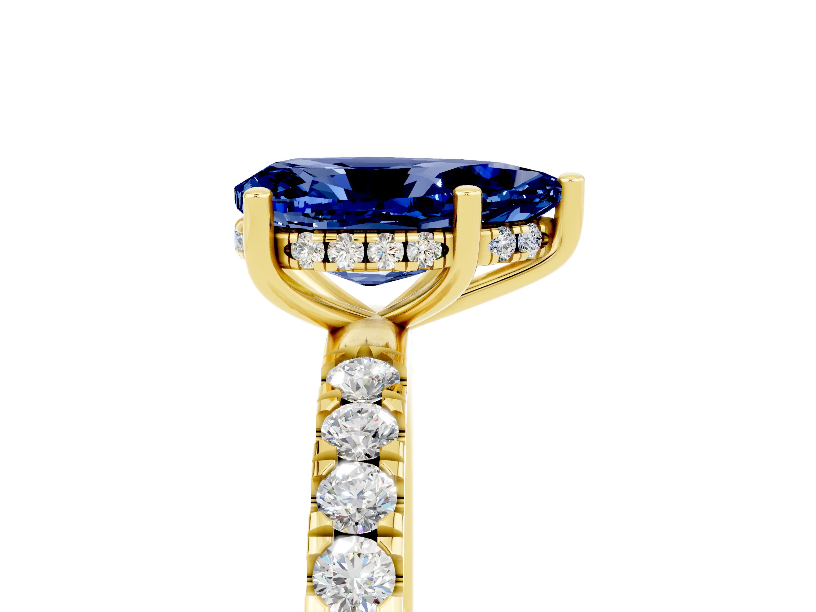 Yellow gold Pear Cut Blue Sapphire Pave Band Solitaire Ring with Four-Prong Setting_29