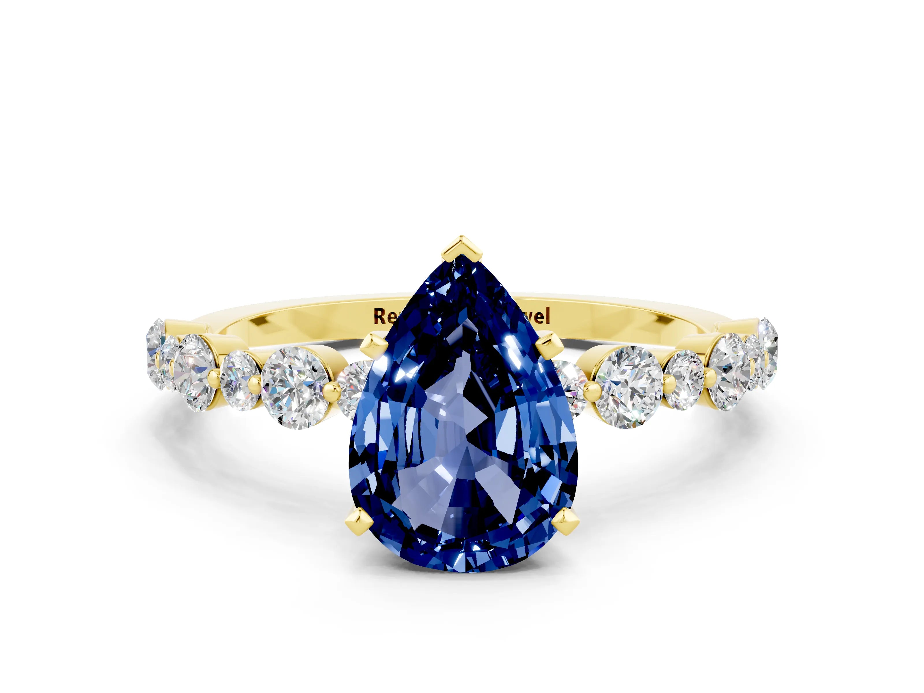 Yellow gold Pear Cut Blue Sapphire Prong Set Engagement Ring with Pavé Band