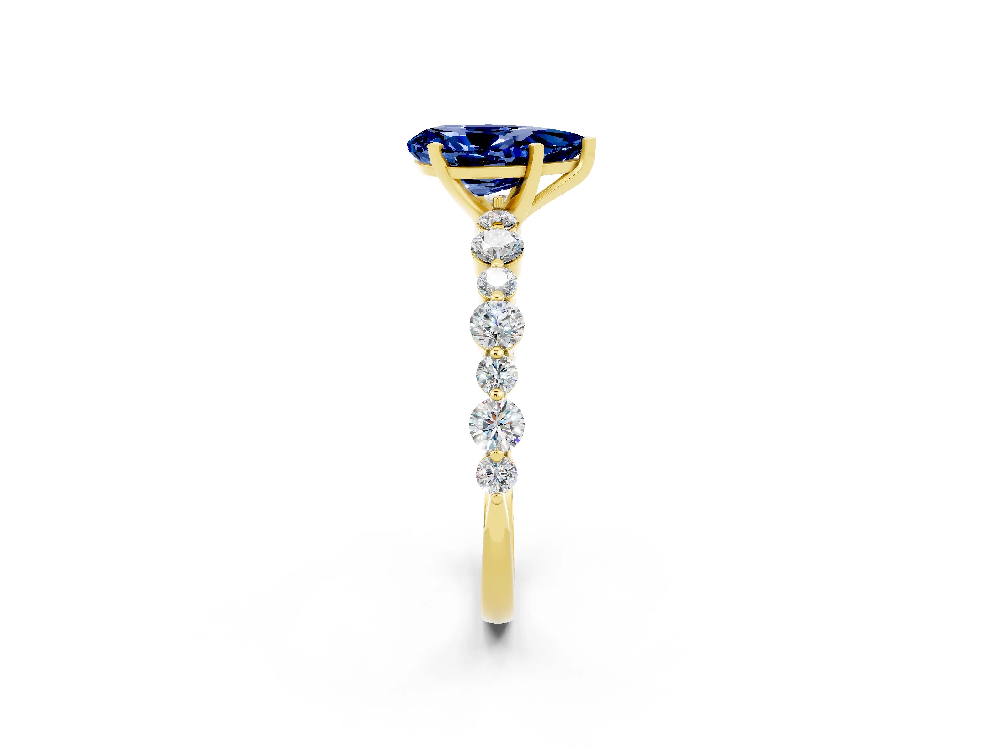Yellow gold Pear Cut Blue Sapphire Prong Set Engagement Ring with Pavé Band_2