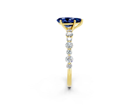 Yellow gold Pear Cut Blue Sapphire Prong Set Engagement Ring with Pavé Band_2