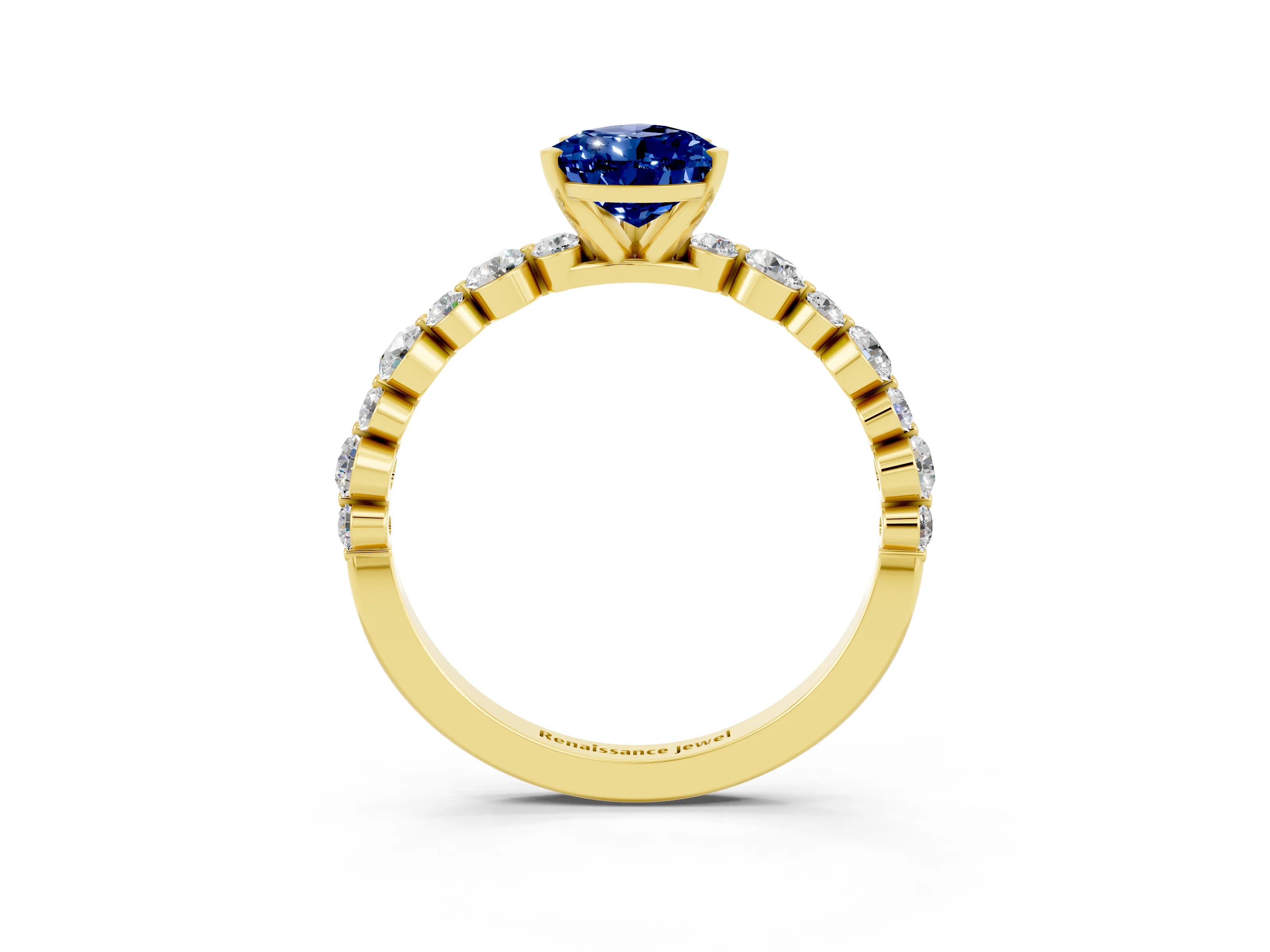 Yellow gold Pear Cut Blue Sapphire Prong Set Engagement Ring with Pavé Band_3