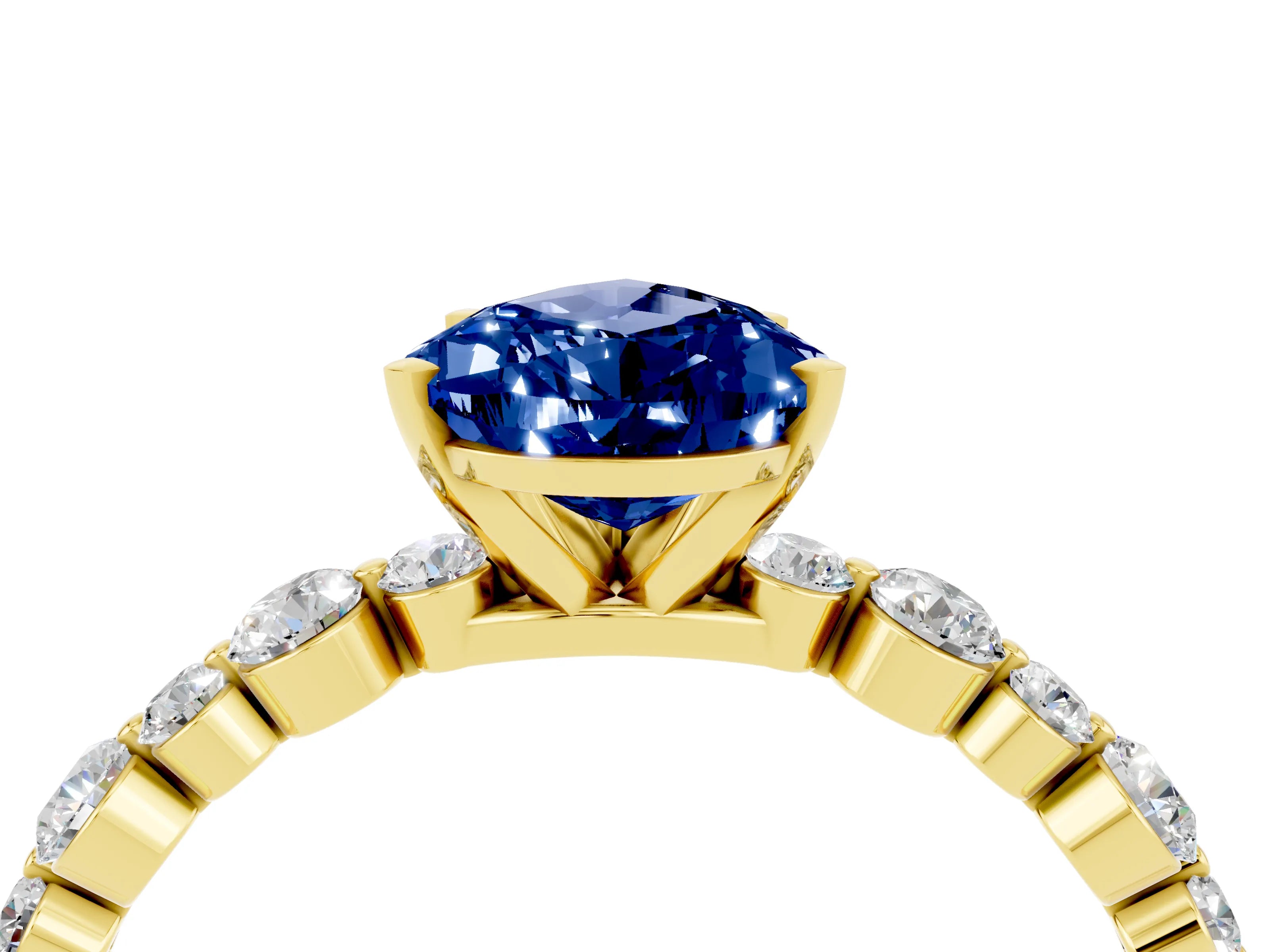 Yellow gold Pear Cut Blue Sapphire Prong Set Engagement Ring with Pavé Band_4