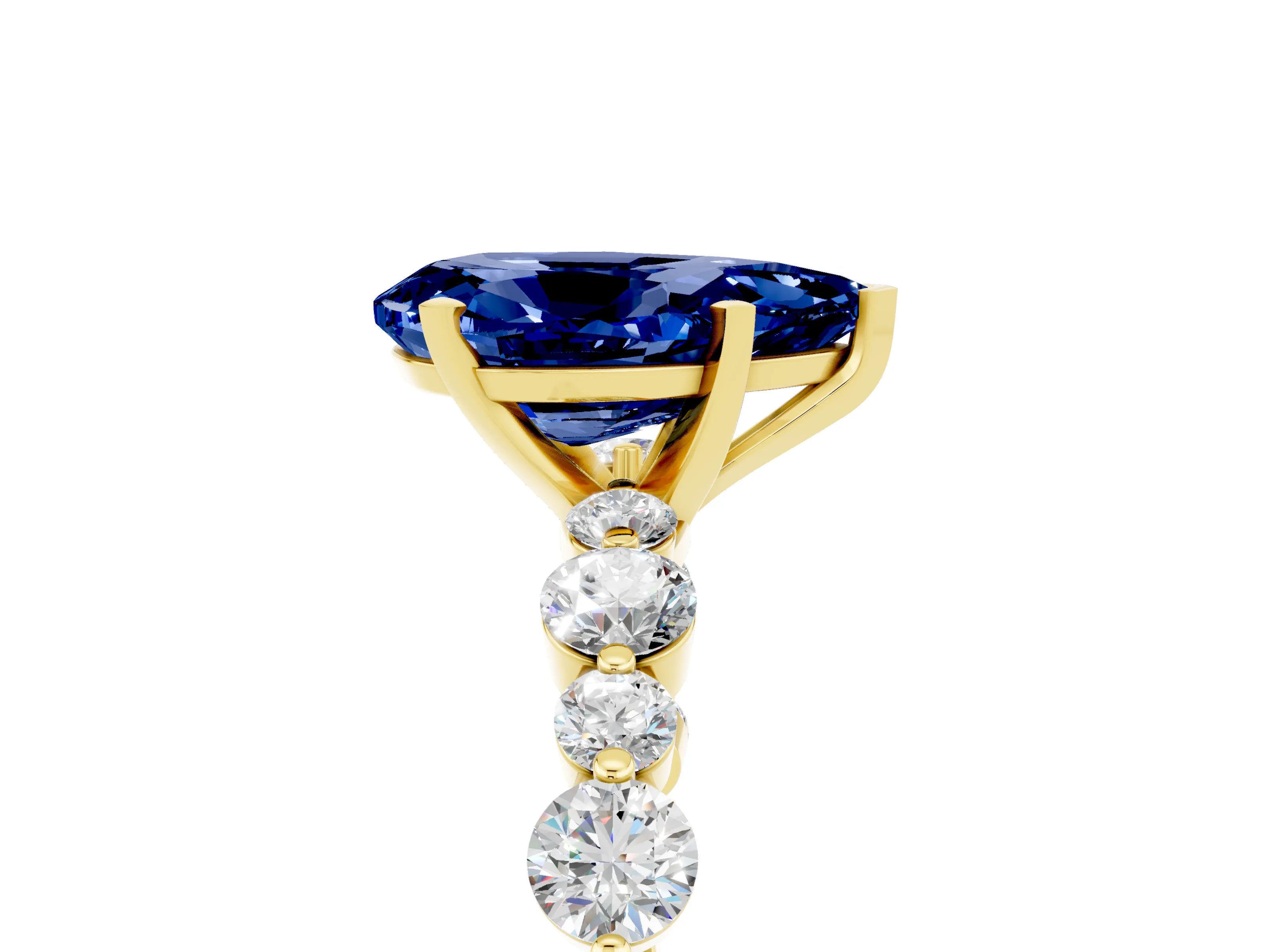 Yellow gold Pear Cut Blue Sapphire Prong Set Engagement Ring with Pavé Band_5