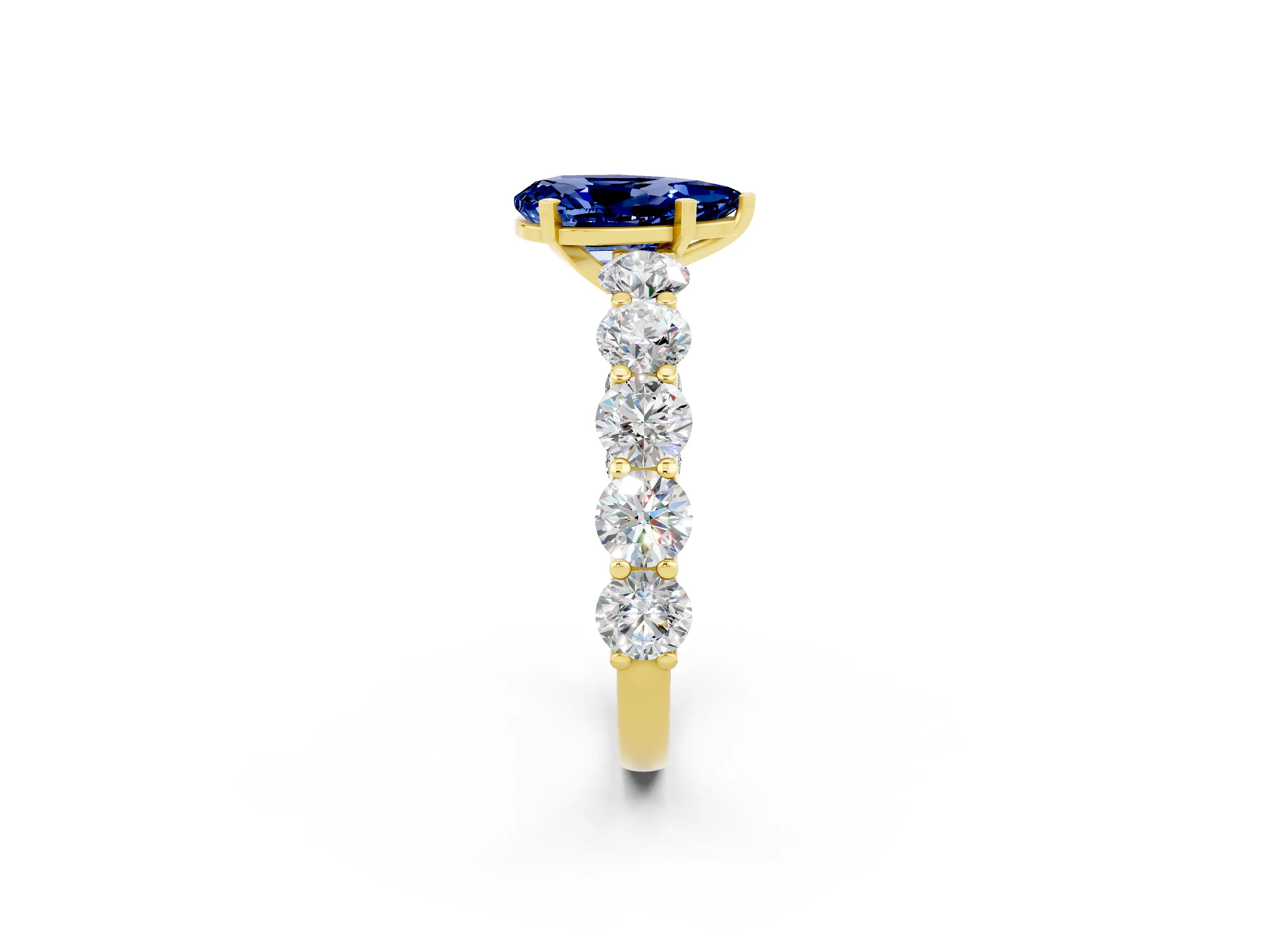 Yellow gold Pear Cut Blue Sapphire Prong Setting with Side Stones on a Pave Band_2