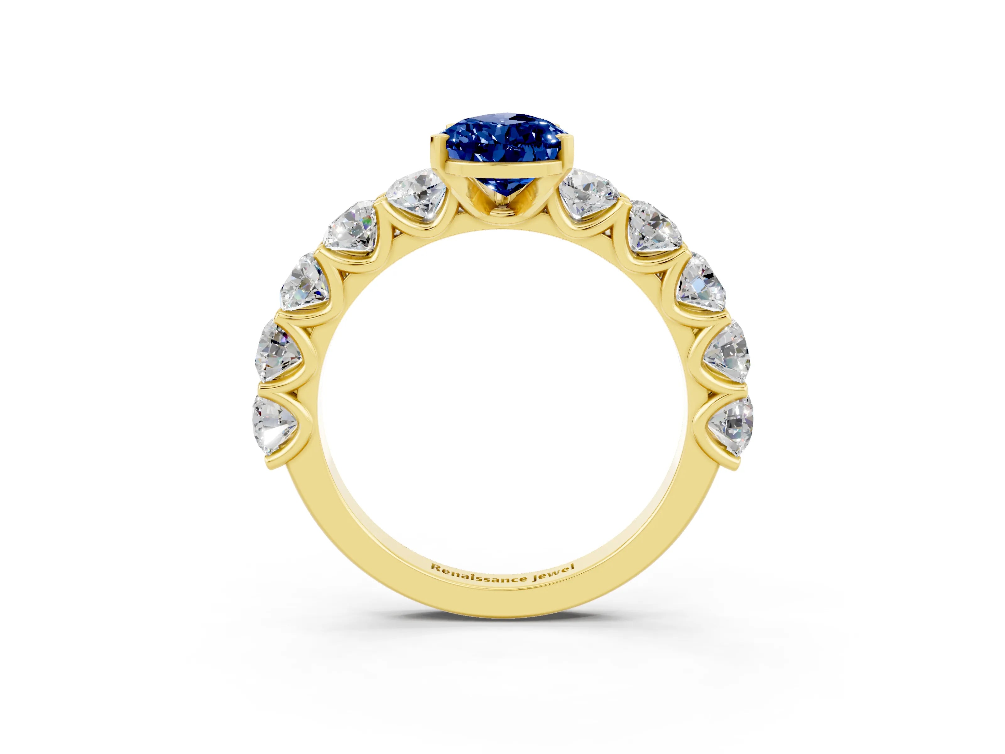 Yellow gold Pear Cut Blue Sapphire Prong Setting with Side Stones on a Pave Band_3