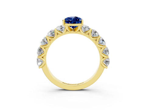 Yellow gold Pear Cut Blue Sapphire Prong Setting with Side Stones on a Pave Band_3