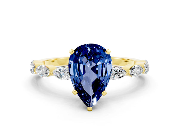 Yellow gold Pear Cut Blue Sapphire Ring with Marquise Side Stones and Prong Setting