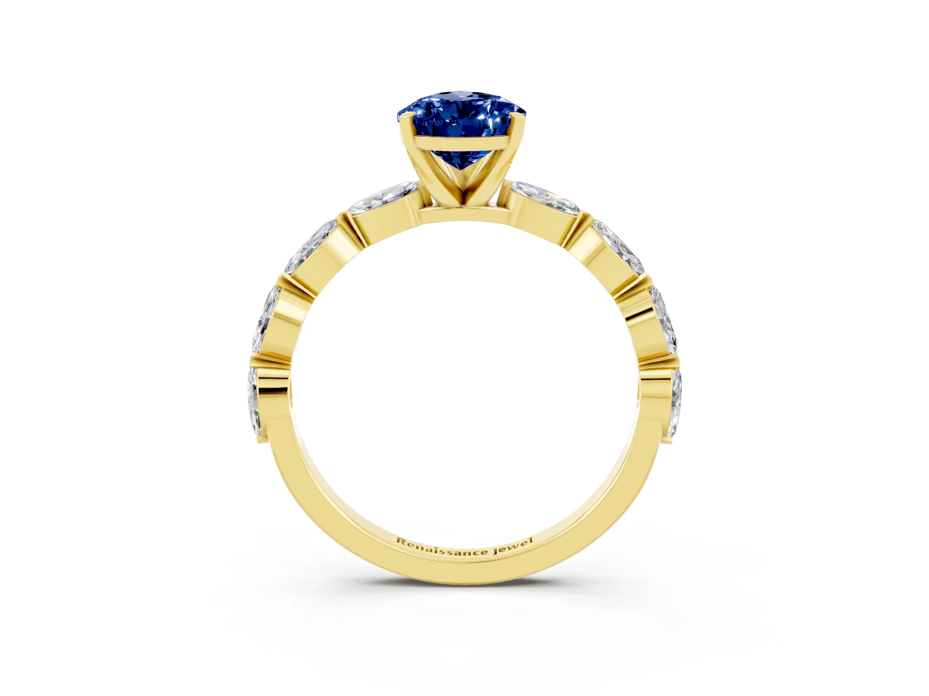 Yellow gold Pear Cut Blue Sapphire Ring with Marquise Side Stones and Prong Setting_3