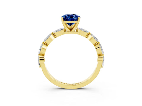 Yellow gold Pear Cut Blue Sapphire Ring with Marquise Side Stones and Prong Setting_3