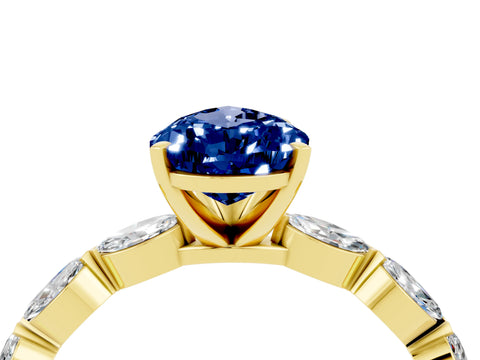 Yellow gold Pear Cut Blue Sapphire Ring with Marquise Side Stones and Prong Setting_4