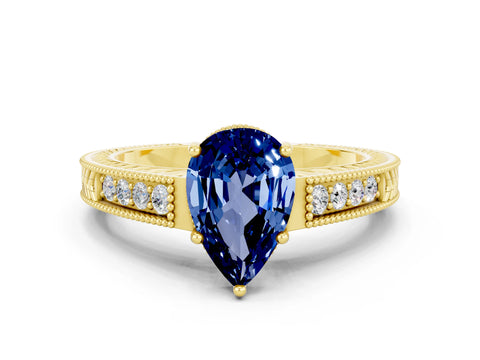 Yellow gold Pear Cut Blue Sapphire Ring with Milgrain Pavé Band and Four-Prong Setting_12