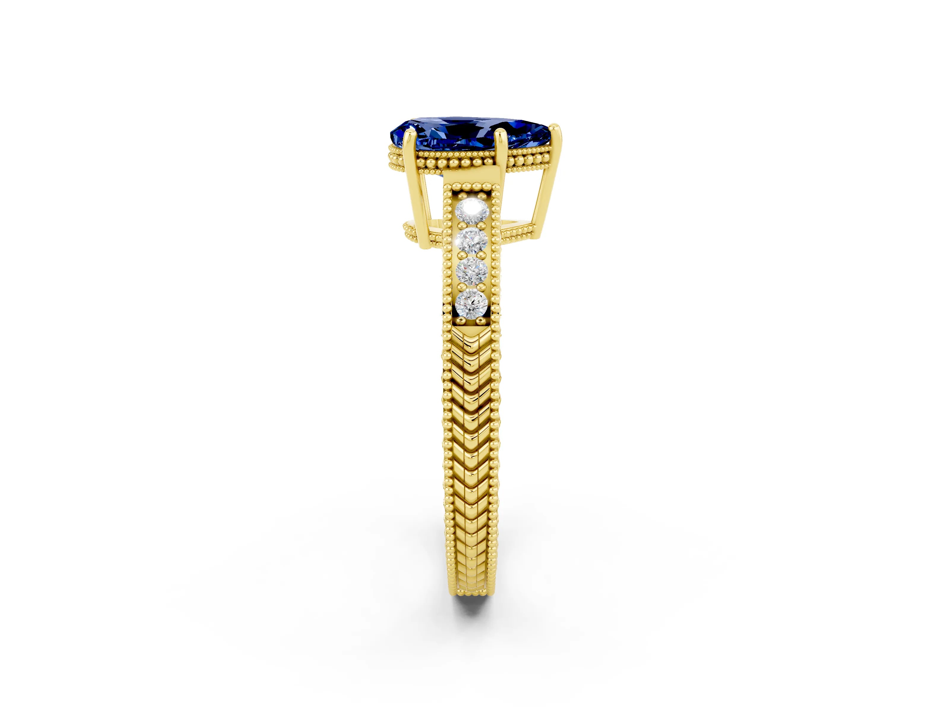 Yellow gold Pear Cut Blue Sapphire Ring with Milgrain Pavé Band and Four-Prong Setting_14