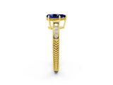 Yellow gold Pear Cut Blue Sapphire Ring with Milgrain Pavé Band and Four-Prong Setting_14