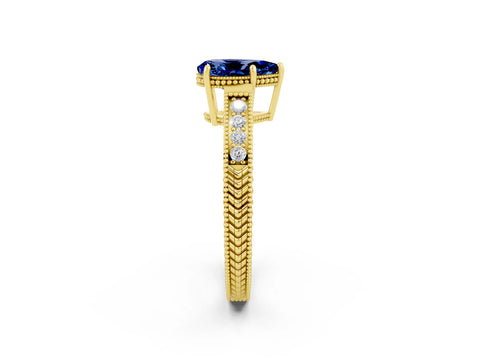 Yellow gold Pear Cut Blue Sapphire Ring with Milgrain Pavé Band and Four-Prong Setting_14