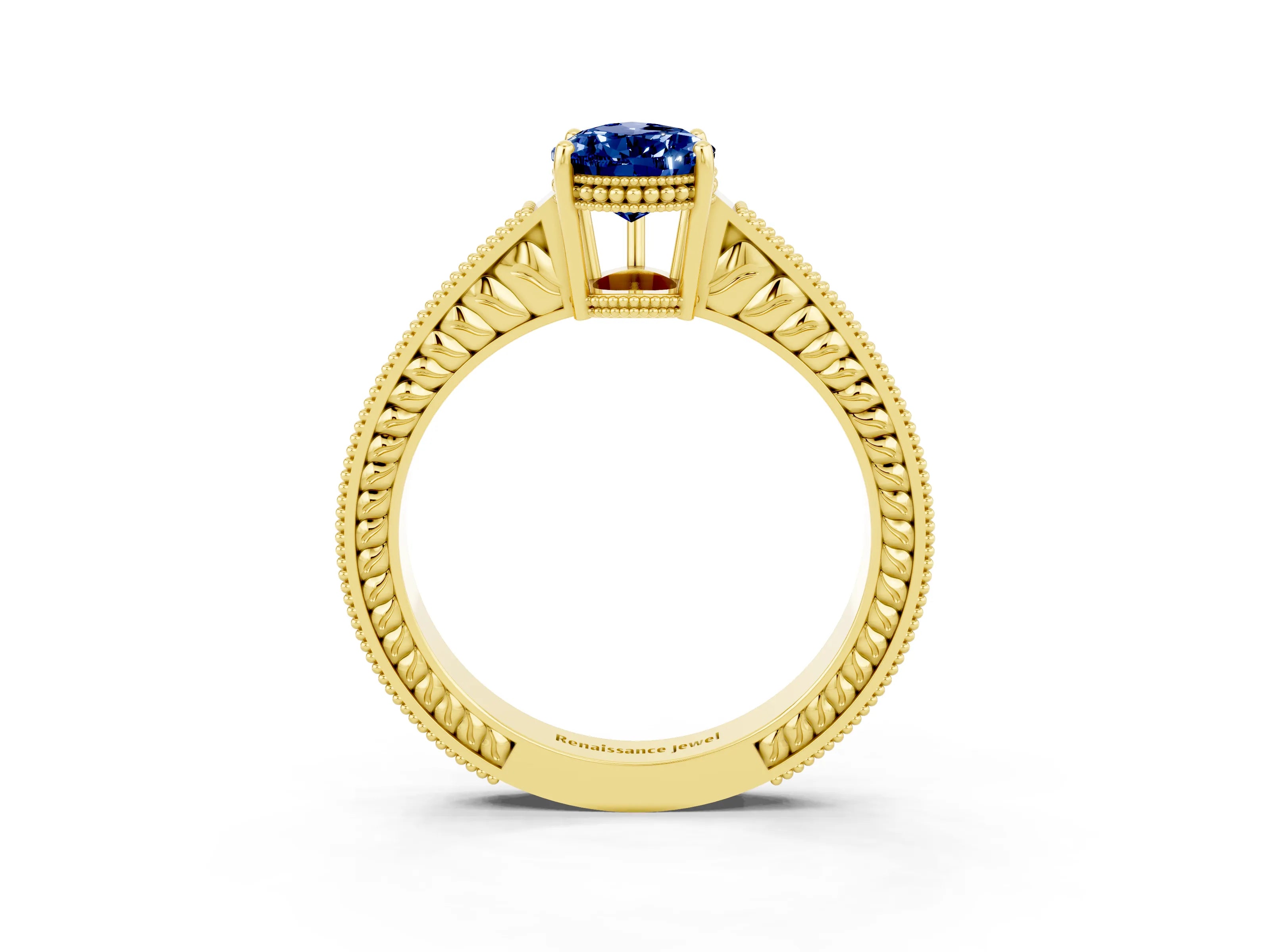 Yellow gold Pear Cut Blue Sapphire Ring with Milgrain Pavé Band and Four-Prong Setting_15