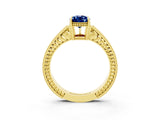 Yellow gold Pear Cut Blue Sapphire Ring with Milgrain Pavé Band and Four-Prong Setting_15
