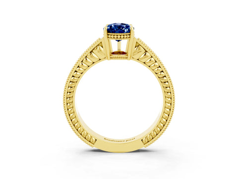 Yellow gold Pear Cut Blue Sapphire Ring with Milgrain Pavé Band and Four-Prong Setting_15
