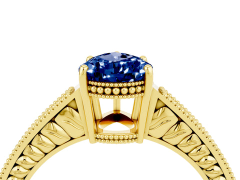 Yellow gold Pear Cut Blue Sapphire Ring with Milgrain Pavé Band and Four-Prong Setting_16