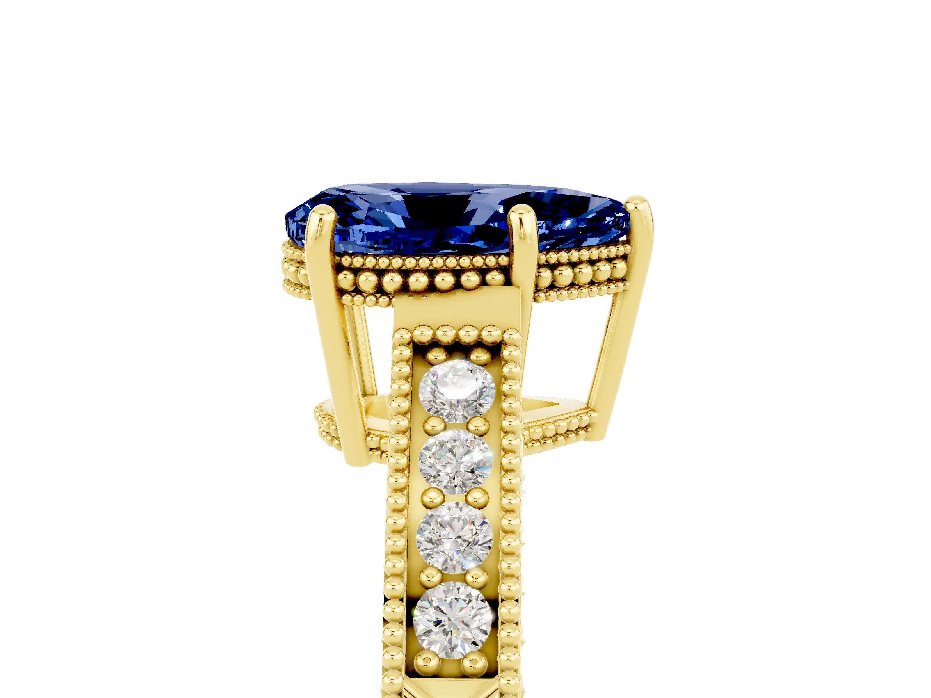 Yellow gold Pear Cut Blue Sapphire Ring with Milgrain Pavé Band and Four-Prong Setting_17