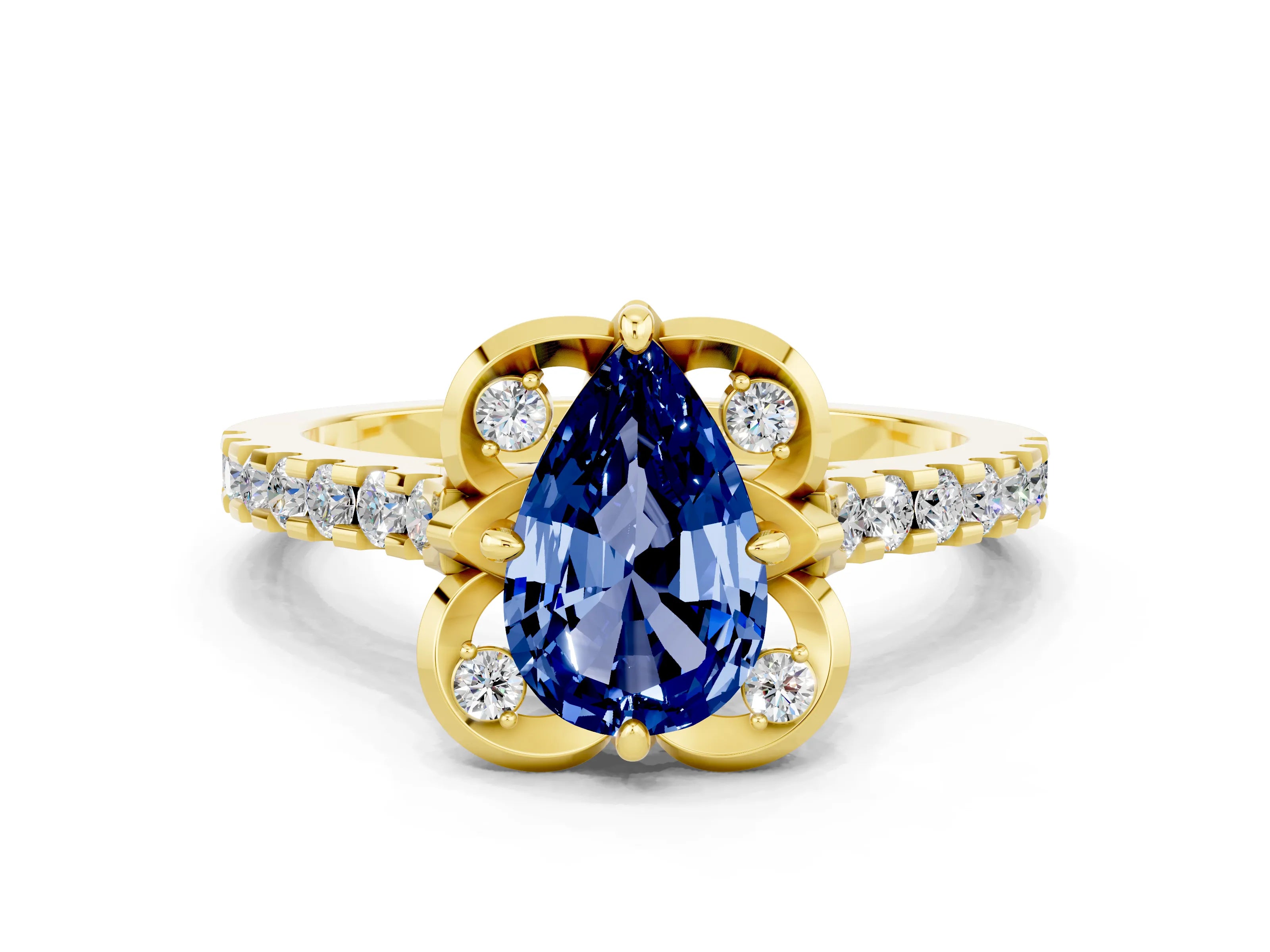Yellow gold Pear Cut Blue Sapphire Ring with Pavé Band and Floral Prong Setting