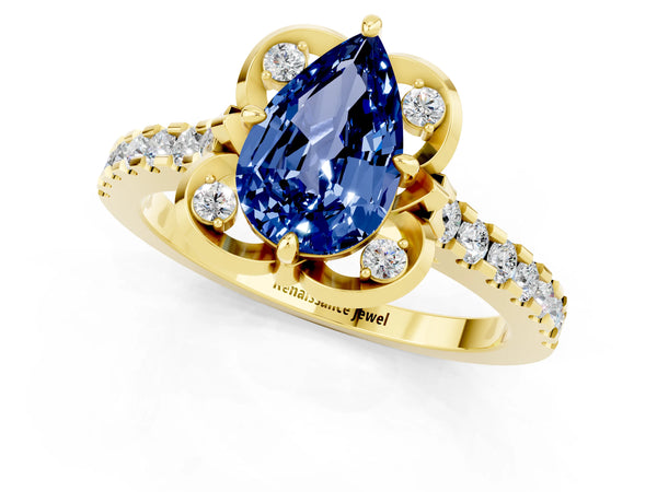 Yellow gold Pear Cut Blue Sapphire Ring with Pavé Band and Floral Prong Setting