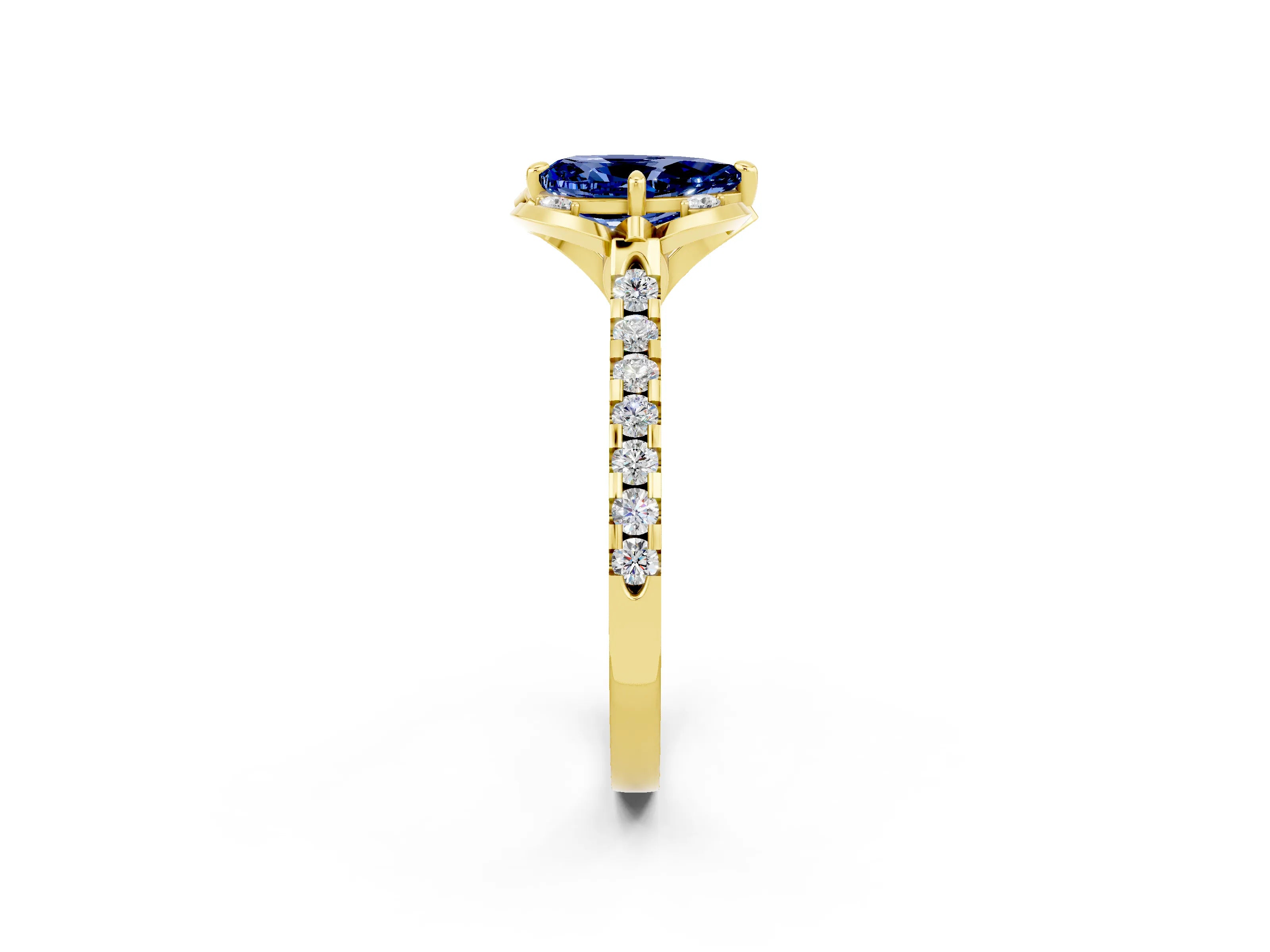 Yellow gold Pear Cut Blue Sapphire Ring with Pavé Band and Floral Prong Setting_2
