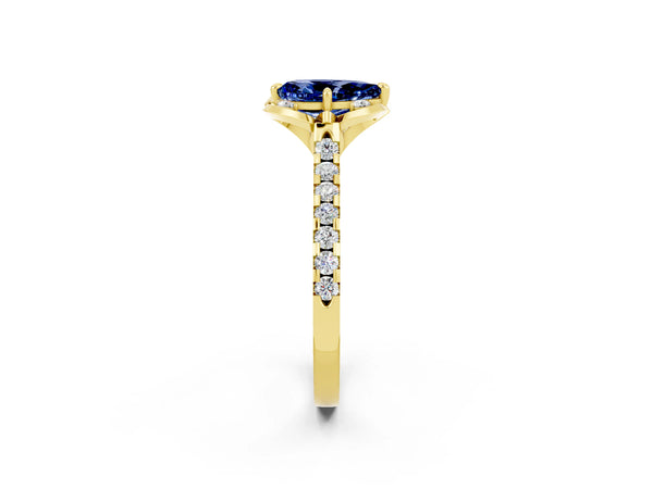 Yellow gold Pear Cut Blue Sapphire Ring with Pavé Band and Floral Prong Setting